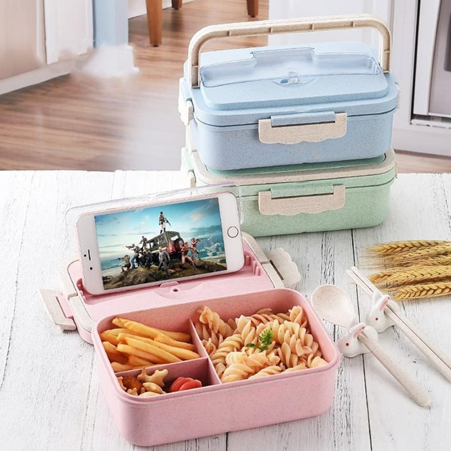3-Compartment Wheat Straw Lunch Box with Phone Stand
