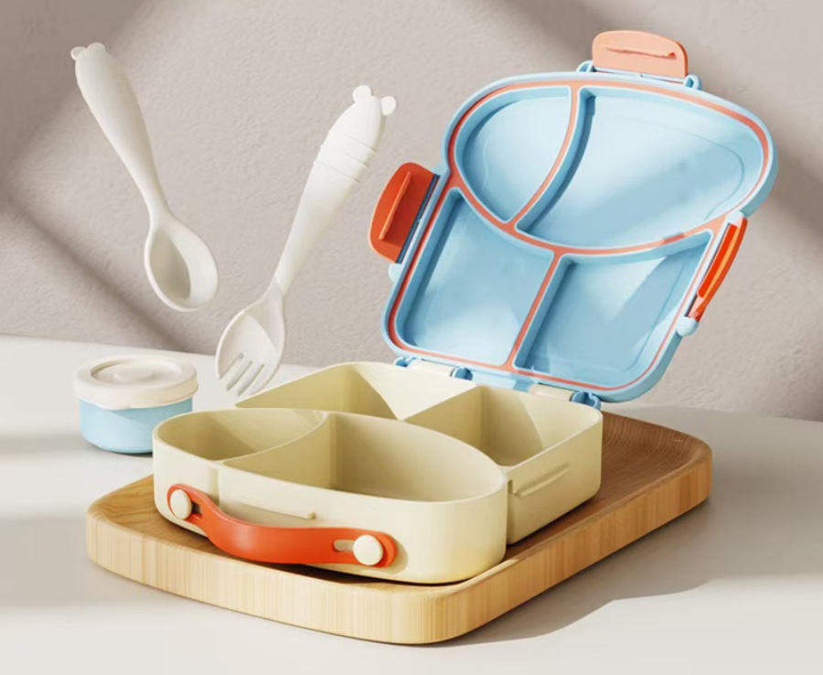 Microwave Safe Plastic Kids' Bento Box with Fork Spoon and Sauce Container