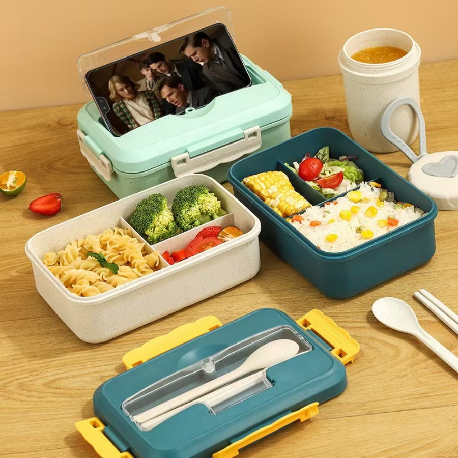 Wheat Straw Compartment Lunch Box for Students and Office Workers-Insulated Sealed and Portable